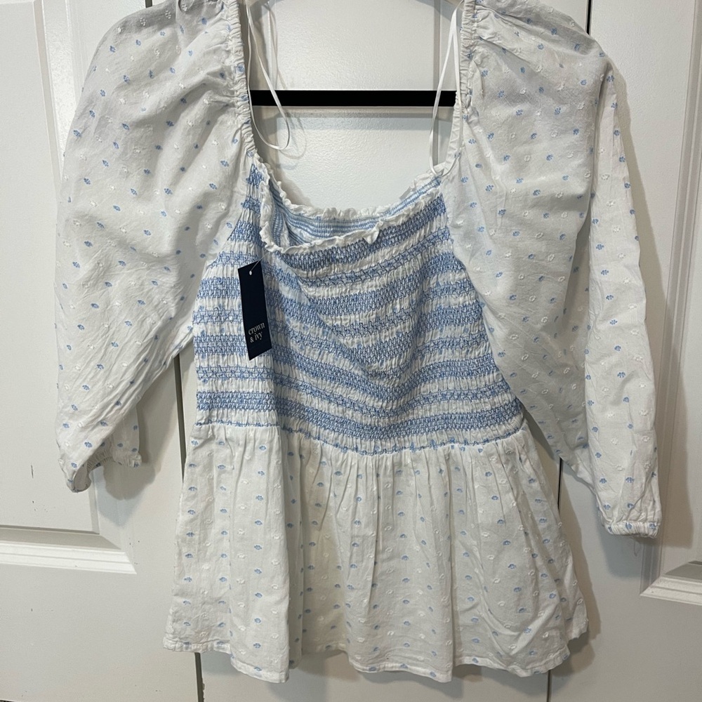 Crown & Ivy White Blouse with Blue Smocking
